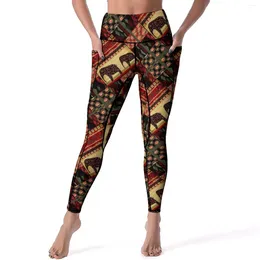 Active Pants Vintage Elephant Leggings With Pockets African Patchwork Graphic Yoga Push Up Gym Legging Stretch Sport