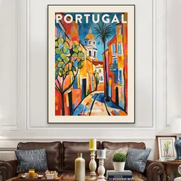 カラフルなヴィンテージ旅行ポスターラゴスポルトガルランドスケープ抽象プリントレトロキャンバス絵画ホームリーディングルームの装飾