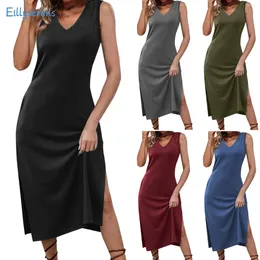 Casual Dresses Summer Tank Dress Simple Solid Color V Neck Slit Long Women Fode Loose Comfy Elegant Maxi Vest