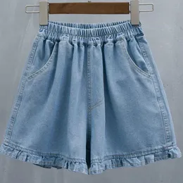 Kurze Hosen für Frau, die elastische Taille Damen Shorts Denim Mid Länge Kawaii Süße Rüschenknie -Jeans Bermuda halbe Outdoor 240415 tragen