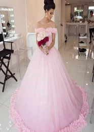 Fairytale Pink Ball Dontr Dresses Beateau Neck Off Counter Flowers Tulle Princess Bridal Wedding Deters Chapel Train6404768