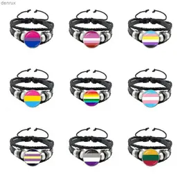 Andra armband hbt Black Weave Leather Armband Bi Pride Glass Cabochon Gay Pride Rainbow Flag Foto Bangle smycken för kvinnor Män älskare Giftl240415
