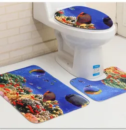 Badmattor 3D undervattens värld tryckt 3st Mat set mattor lock toalett täckmatta anti slip badrum mattor golv