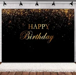 POGRAFI BACKDROP Happy Birthday Party Decoration Black Gold Glitter Bakgrund Banner för PO Booth Studio Custom 240411