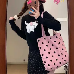 Korean style early spring pink polka dot bag, large capacity tote bag, cute early morning eight commuting bag, portable underarm shoulder bag, trendy