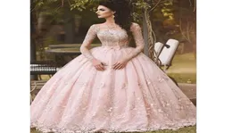 2019 Blush Pink Long Sleeves Dresses 3d Floral Light Ball Ball Hijab Ambai Dubai Evening Dress3471750