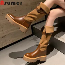 BOOTS Asumer 2024 Knee de couro genuíno High Square Med Heels Zipper Fashlele Platform Winter Winter