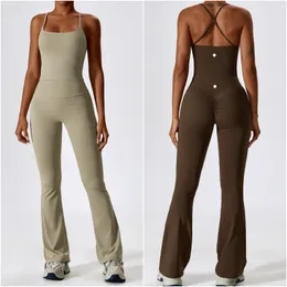 LL-8232 Womens Yoga Outfit Två stycken Set Vest Flares Pants Byxor Utöver Sport Running Casual Long Pant Elastic High midje sportkläder kostymer