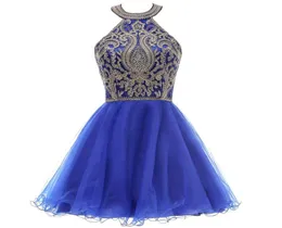 Halter Juniors 칵테일 파티 드레스 Royal Blue Gold Lace Appiques Homecoming Dresses Short Sweet 15 Prom Dresses4817427