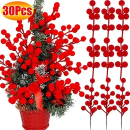 Decorative Flowers 2/30PCS Christmas Red Berry Flocking Foam Artificial Flower Small Berries Cherry Branch Xmas Tree Party Home Decor DIY