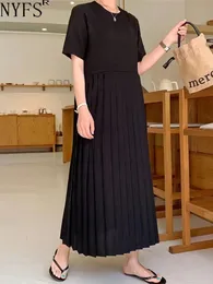 NYFS Summer Korea Woman Dress Vestidos Robe Elbise Loose Plus Size Patchwork Chiffon Hem Short Sleeve Long Dresses 240415