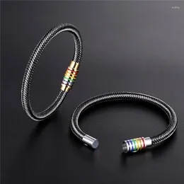 Link Bracelets Black/White Genuine Braided Leather Bracelet Women Men Stainless Steel Gay Pride Rainbow Magnetic Gift Pulseira