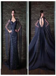 2016 Sheath Portrait Navy Blue Evening Dresses Segreo di chiffon Appliques Arabo Long Lunghezza Scialo Chifffon Rami Kadi Prom D4071193