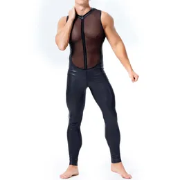 Mens underskjortor Mesh PU Leather See Through Vest Bodysuits Leotard Stage Dance Nightclub Long Pants hbt Sexig underkläder Jumpsuit 240410