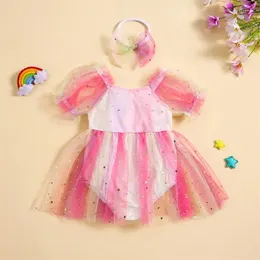 Vestidos de menina ewodos baby 2pcs cair asfits de manga curta contraste vestido de tule cor de cor com fita de cabeça para roupas infantis roupas