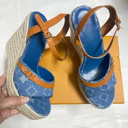 Helio Wedge Sandal 1ACIZP blue denim sandals Ladies sandal Luxury Sandals Classic retro sandals Anti slip Rubber sole outsole wedge sandals Vacation style size 35 42