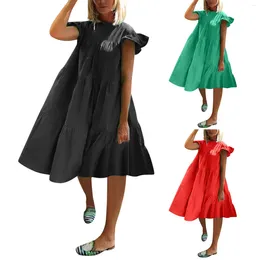 Casual Dresses Women's Summer Ruff Sundress Elegant Party Beach Vintage Swing Midi Dress 2024 Solid Bohemian Overdimensionerad Vestidos Robe