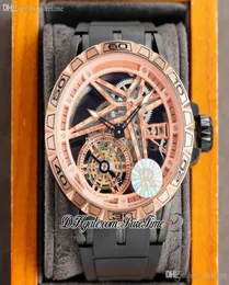 Excalibur Spider 기계식 손으로 구불 구불 한 단일 Tourbillon Mens 시계 로즈 골드 샴페인 골격 다이얼 검은 고무 스트랩 스포츠 5981715