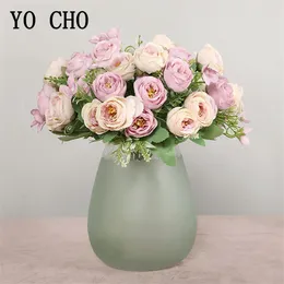 Bröllopsblommor yo cho mini bukett för brudtärnor 10 huvuden silke rose artificiell blommor falsk hemfest dekoration
