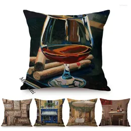 Pillow Vintage Wine Brandy Liquor Culture Art Oil Painting Print Sofa Pillows Case Letter Town Landscape Bar Decoration S Cover