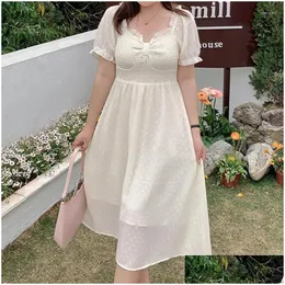 Plus Size Dresses Clothes Little Fresh And Sweet Square Collar Stringy Seedge Solid Pleated Short Sleeve Bow Chiffon Princess Dress Dr Dhhqw