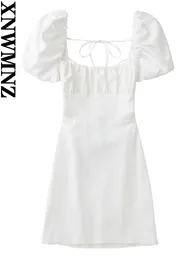 XNWMNZ women white fashion linen blend dress female square neck short puff sleeves backless crossover straps for womens 240415