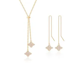 Oyb New Fashion Classic Zircon Fourleaf Clover Long Necklace Earrings Set Women Sweater Chain Week Accessories6373314