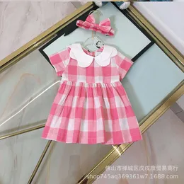 Girl's Casual Summer Różowa w kratę roczna urocza dziecko koronkowa lapa wygodna oddychająca sukienka z krótkim rękawem + opaska do włosów
