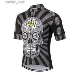 Cykeltröja sätter Mens Casual Digital Print Black Skull Cycling Jersey Mens Stretch Zip Up Breatab Lightweight Short Seve Mtb Jacket L48