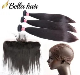 Peruwiańskie wiązki Virgin Hair z koronkowymi czołowymi Dodaj czapkę prostych splotów ludzkich i zamknięcie ucha do ucha 5pclot Bellahair3401951