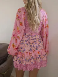 Lässige Kleider Frauen Summer Langarm Boho Kleid gegen Nackenblumendruck geschichtete Rüschen Patchwork Mini Sonne mit Gürtel