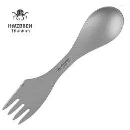 مجموعات أدوات المائدة HWZBBEN 3in1 Titanium Knife Fork Spoon Set Camping Tableware خفيفة الوزن المطبخ متعدد الوظائف 25G