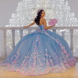 Mavi quinceanera elbiseler tatlım dantel aplike çiçekler tatlı 16 elbise kız balo parti elbiseleri vestidos de 15 anos