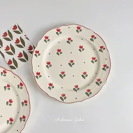 Teller Französisch Ins Retro -Spitzenkeramikplatte mit roter Kante Tulpenmahlzeit Frühstück Dessert Western Hitzeresistent