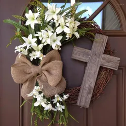 Dekorativa blommor QWE123 Påskkrans med Cross Burlap Bow Rustic Spring Farmhouse Wall Home Fract Door Decor Gi