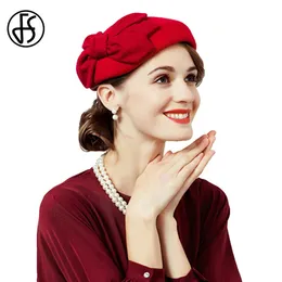 FS British Red Top Hats for Women Elegant Beret Church Formal Black Cap Ladies Luxury Fashion Purple Wool Fedoras femmina 240412