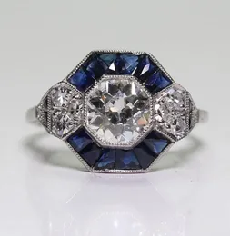 Antyczna biżuteria 925 Srebrna Diamond Sapphire Sapphire Wedding zaręczynowy Art Deco Ring Rozmiar 5123846946