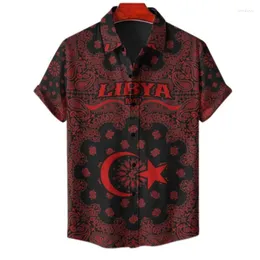 Camisas casuais masculinas Estado da Bandeira da Líbia mapa 3d Manga curta para homens Africa Africa Dashiki Camisa havaiana garoto de lapela Blouse Kids