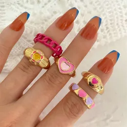 Korean Jewelry World Drops Oil Colorful Peach Smiling Face Fashion Multi Layered Heart Joint Index Finger Ring Set