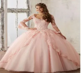 Baby Pink Quinceanera Sukienki koronkowe długie rękawie vneck apliqued ball sukienki Słodka 16 Konsekwentka księżniczki dla dziewcząt2935056