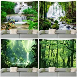 Forest Landscape Tapestry Green Peacocks Flowers Tropical Plants Waterfall Scenery Garden Wall Hanging Home Living Room Decor 240415