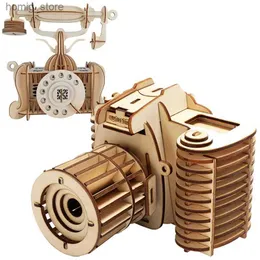 3D-pussel Kameran 3D Träpussel gammaldags telefonmodell DIY Building Kits Wood Jigsaw Toys For Children Girls Home Room Decoration Y240415