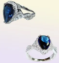 925 Sterling Silver Crown Delicate Pear Shaped Blue Sapphire Waterdrop Gemstone Ring Finger Size 5108359311