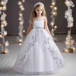 Flickans klänningar Flower Girls Dresses för 4-12 år Bröllop Bridesmaid Long Dress Kids Birthday Party Vestidos Princess Formal Gala Dress for Girl T240415