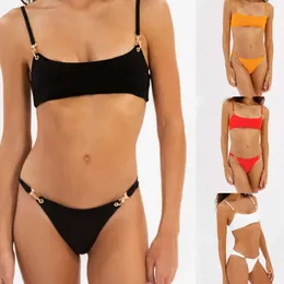 2024 Neue Frauen mit fester Farbe Schultergurt sexy Bikini Swimsuit