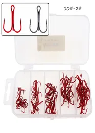 50pcsbox 5 Modelle gemischt 102 35647 Red Black Triple Anker Haken hoher Kohlenstoffstahlstachelfischerhaken Fishhooks Pesca T3523142