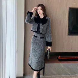 Arbetsklänningar mode korea elegant högkvalitativ ylle tweed kostym kortjacka midjan smal kvinnor kjol två stycken uppsättningar vinter