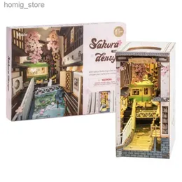 3D Puzzles Robotime Rolife Sakura Densya Book Nook DIY Dollhouse Bookend Model Kit with LED Light Wooden Puzzle for Bookshelf Decor - TGB01 Y240415