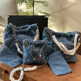 24p kvinnor quiltad blå denim 22 shoppare axelväskor silver mynt runda remkedja crossbody handväskor lareg kapacitet med påse 19x20x5cm 35x37x7cm 39x42x8cm