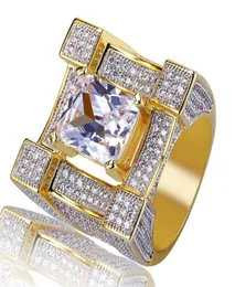 ECED Out Ring Zircon 3d Suqare Goldfarbe plattierte Ringe für männliche Frauen Bling Persönlichkeit Mode Glamour Schmuckliebhaber Geschenk9026778